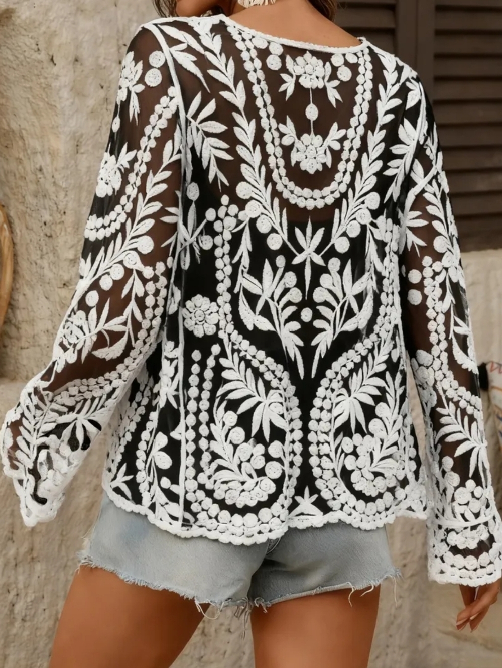 Embroidered Sheer Long-Sleeve Top in Black and White - Picture 2 of 2